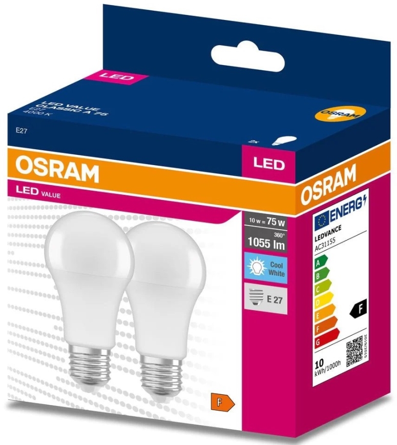 НАБІР 2x Світлодіодна лампочка A60 E27/10W/230V 4000K - Osram