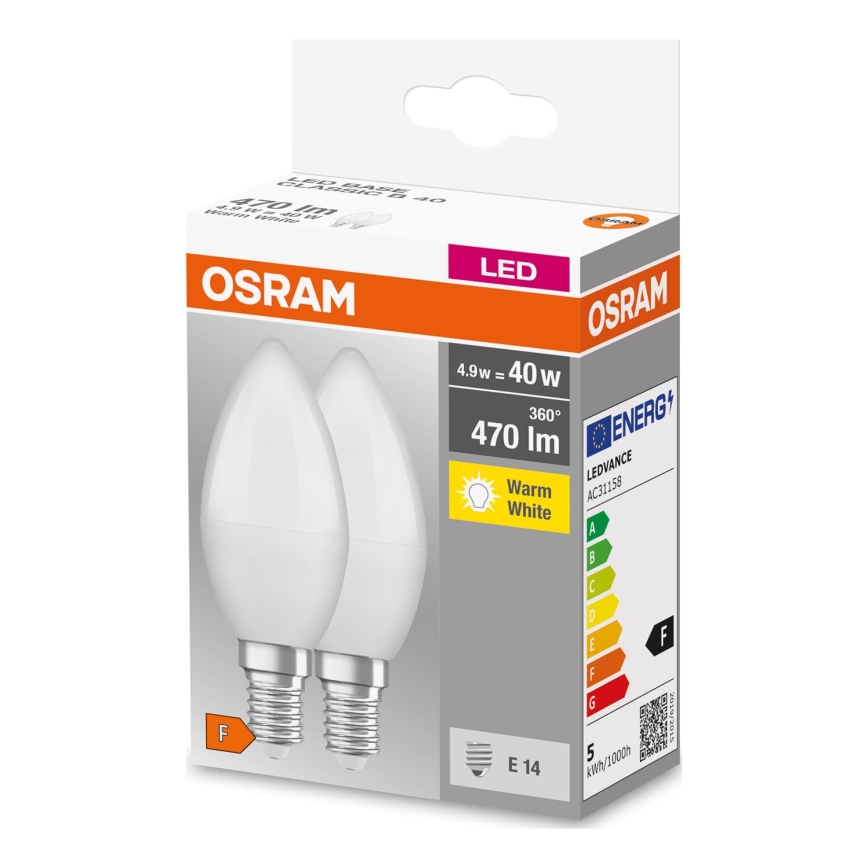 НАБІР 2x Світлодіодна лампочка B38 E14/4,9W/230V 3000K - Osram
