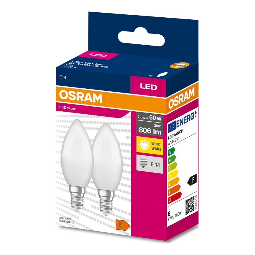 НАБІР 2x Світлодіодна лампочка B38 E14/7,5W/230V 3000K - Osram