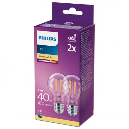 НАБІР 2x Світлодіодна лампочка VINTAGE Philips A60 E27/4,3W/230V 2700K