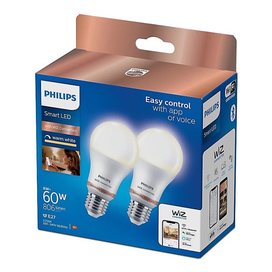 НАБІР 2x Світлодіодна лампочка з регулюванням яскравості Philips A60 E27/8W/230V Wi-Fi