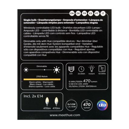 НАБІР 2x Світлодіодна лампочка з регульованою яскравістю Philips Hue WHITE E14/5,5W/230V 2700K