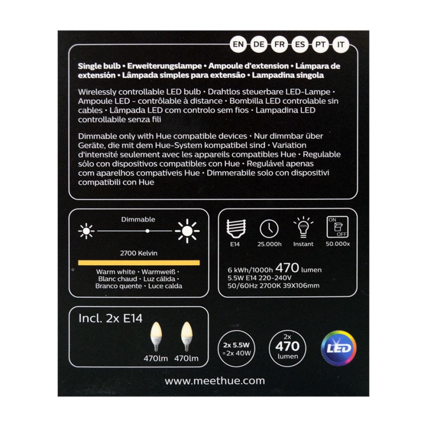 НАБІР 2x Світлодіодна лампочка з регульованою яскравістю Philips Hue WHITE E14/5,5W/230V 2700K