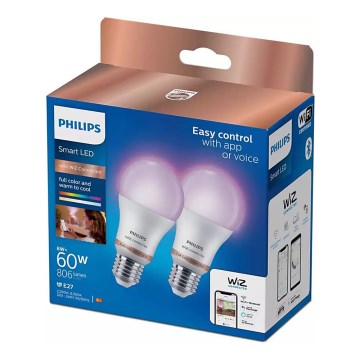 НАБІР 2x Світлодіодна RGB лампочка з регулюванням яскравості Philips A60 E27/8W/230V Wi-Fi