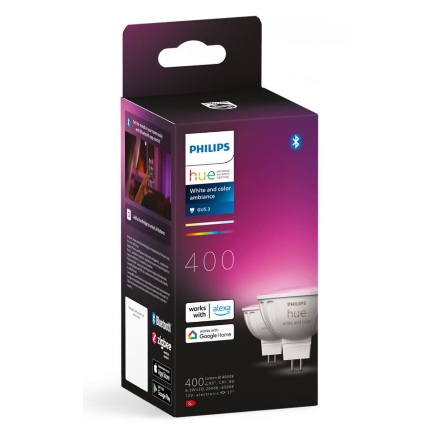 НАБІР 2x Світлодіодна RGBW лампочка з регулюванням яскравості Philips Hue White And Color Ambiance GU5,3/MR16/6,3W/12V 2000-6500K