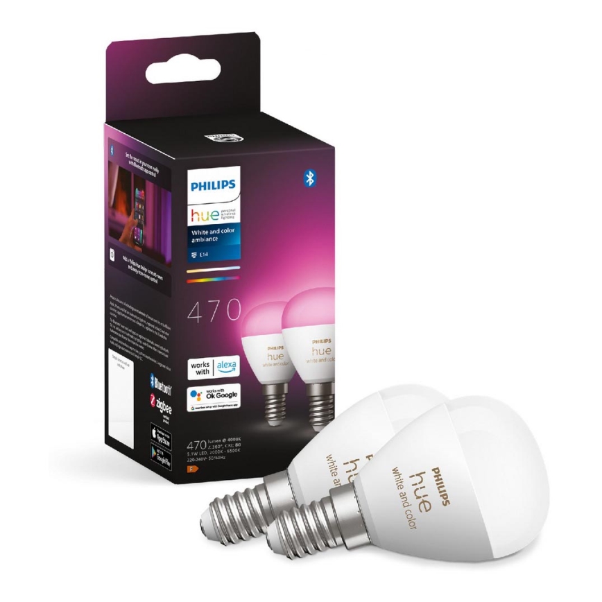 НАБІР 2x Світлодіодна RGBW лампочка з регулюванням яскравості Philips Hue White And Color Ambiance P45 E14/5,1W/230V 2000-6500K