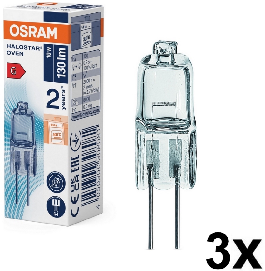 НАБІР 3x галогенних ламп для духовки HALOSTAR G4/10W/12V 2700K - Osram