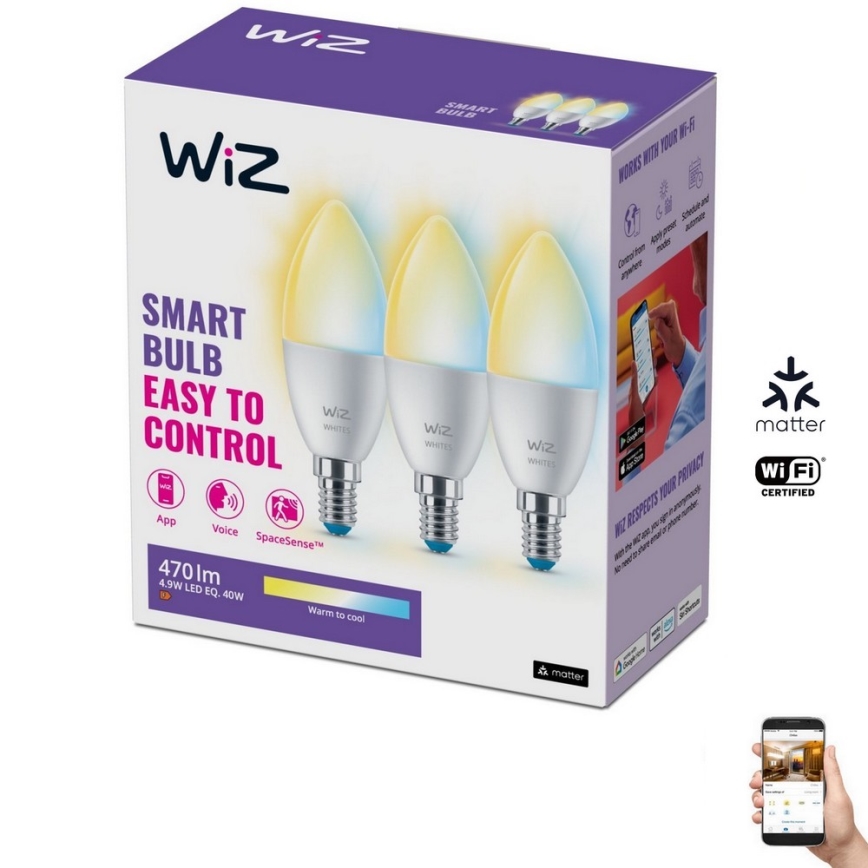 НАБІР 3x LED лампочка з регулюванням яскравості C37 E14/4,9W/230V 2700-6500K CRI 90 Wi-Fi - WiZ
