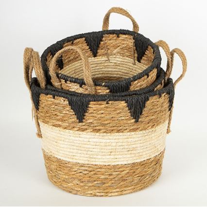 НАБІР 3x Солом'яний кошик бежевий/чорний 27x20/30x22/36x28 см