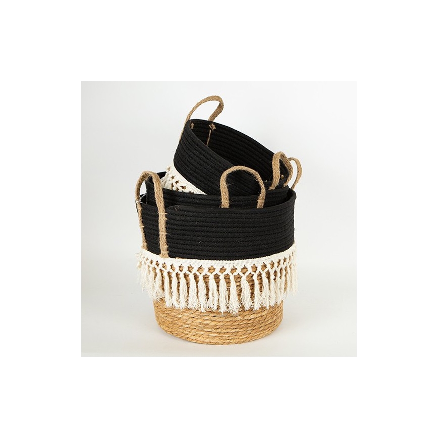 НАБІР 3x Солом'яний кошик бежевий/чорний/білий 25x17x23/28x22x25/35x28x30 см