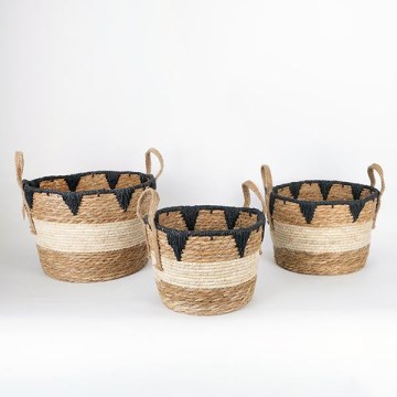 НАБІР 3x Солом'яний кошик бежевий/чорний 27x20/30x22/36x28 см