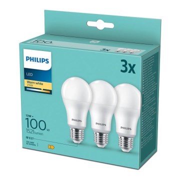 НАБІР 3x Світлодіодна лампочка Philips A60 E27/13W/230V 2700K