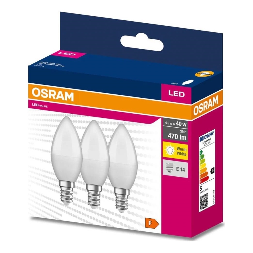 НАБІР 3x Світлодіодна лампочка B38 E14/4,9W/230V 3000K - Osram