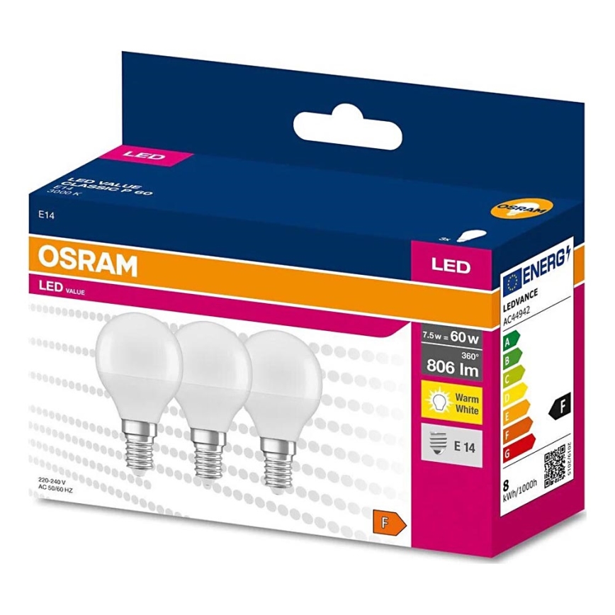 НАБІР 3x Світлодіодна лампочка P45 E14/7,5W/230V 3000K - Osram