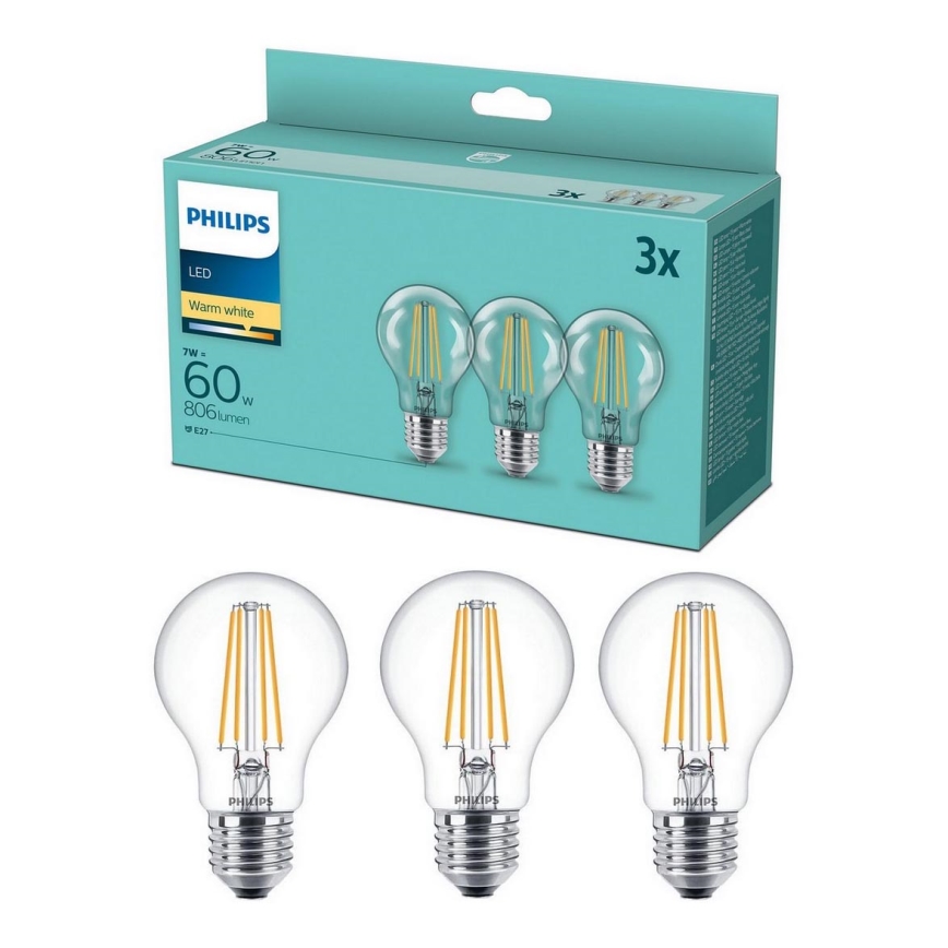 НАБІР 3x Світлодіодна лампочка VINTAGE Philips A60 E27/7W/230V 2700K