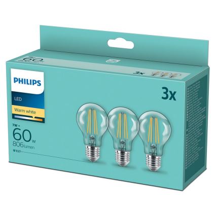 НАБІР 3x Світлодіодна лампочка VINTAGE Philips A60 E27/7W/230V 2700K