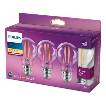 НАБІР 3x Світлодіодна лампочка VINTAGE Philips A60 E27/7W/230V 2700K