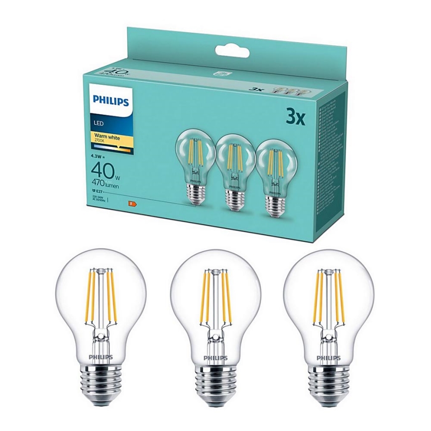 НАБІР 3x Світлодіодна лампочка VINTAGE Philips E27/4,3W/230V 2700K