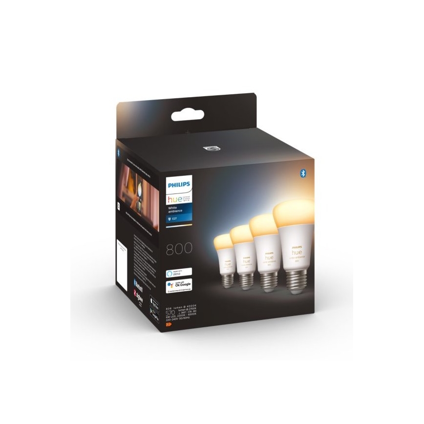 НАБІР 4xLED Лампочка з регулюванням яскравості Philips Hue WHITE AMBIANCE E27/6W/230V 2200-6500K