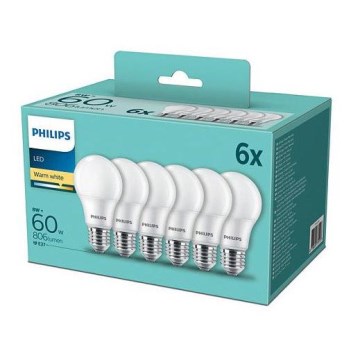 НАБІР 6x Світлодіодна лампочка Philips A60 E27/8W/230V 2700K