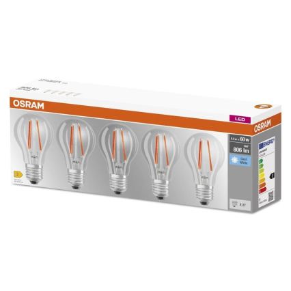 Набір із 5 світлодіодних ламп BASE CLASSIC FILAMENT A60 E27/7W/230V 4000K - Osram
