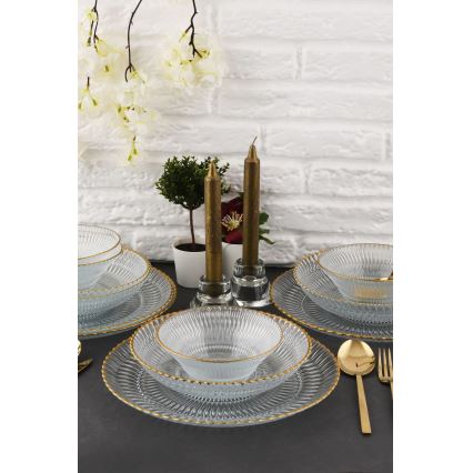 Набір посуду 12 шт., прозоре скло з золотими акцентами