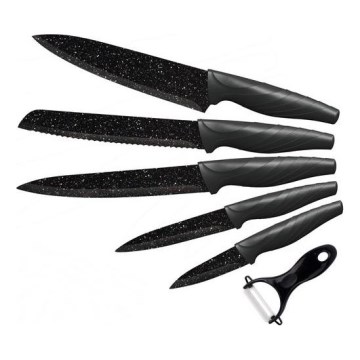 Набір кухонних ножів 5 шт + овочечистка мармур/чорний