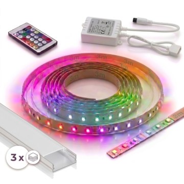 НАБОР 1x диммируемая LED RGBW лента DIGITAL LED/9,6W/230V 3 м + 3x встраиваемый профиль 1 м серебристый/белый + пульт дистанционного управления
