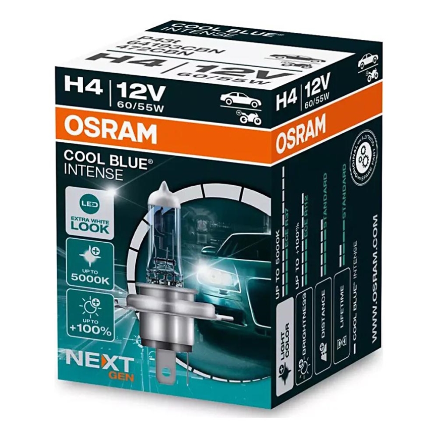 НАБОР 2x Автомобильная лампа COOL BLUE H4 P43t/60/55W/12V 5000K - Osram