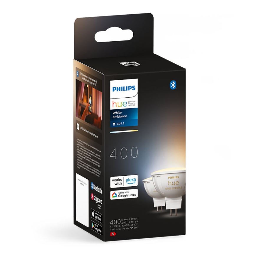 НАБОР 2x Светодиодная лампочка с регулированием яркости Philips Hue White Ambiance GU5,3/MR16/5,1W/12V 2200-6500K