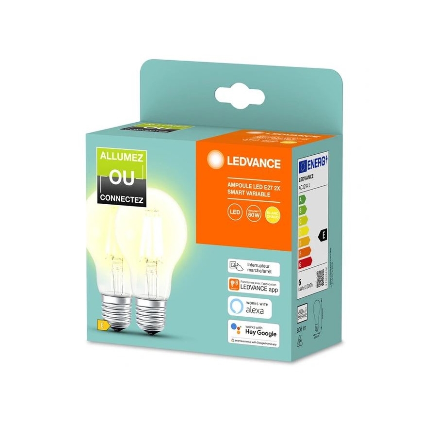 НАБОР 2x Светодиодная лампочка с регулированием яркости SMART+ A60 E27/6W/230V 2700K - Ledvance