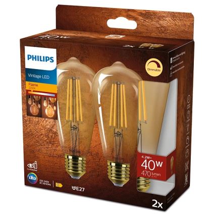 НАБОР 2x Светодиодная лампочка с регулированием яркости VINTAGE Philips ST64 E27/4,2W/230V 2200K