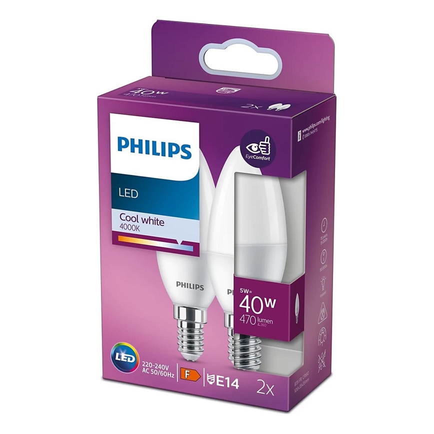 НАБОР 2x Светодиодная лампочка Philips B35 E14/5W/230V 4000K
