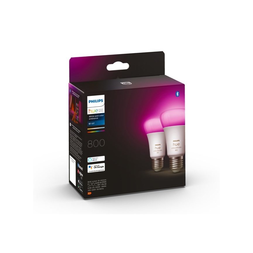 НАБОР 2x Светодиодная лампочка с регулированием яркости Philips Hue White And Color Ambiance A60 E27/6,5W/230V 2000-6500K