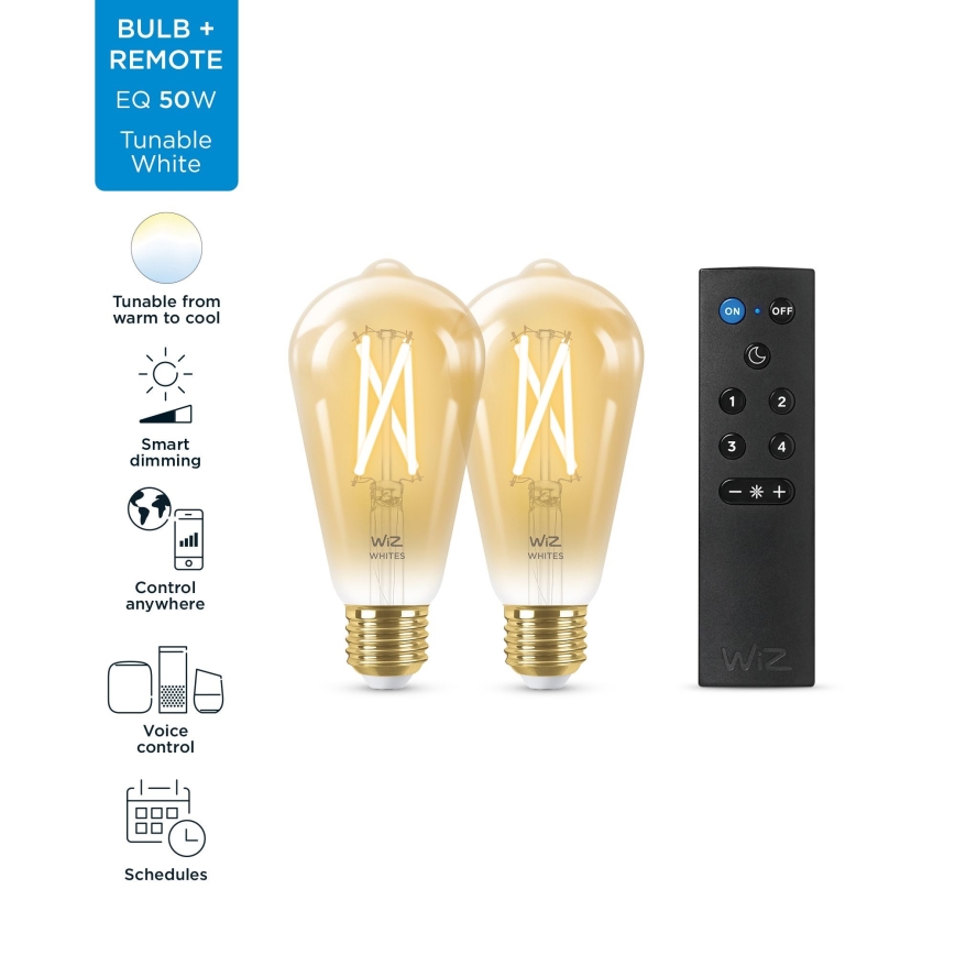 НАБОР 2x Светодиодная лампочка с регулированием яркости ST64 E27/7W/230V 2000-5000K CRI 90 Wi-Fi + дистанционное управление - WiZ