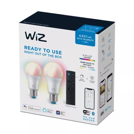НАБОР 2x Светодиодная RGBW-лампочка с регулированием яркости A60 E27/8,5W/230V 2200-6500K Wi-Fi+RC - WiZ