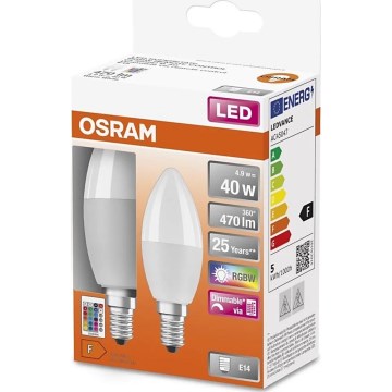 НАБОР 2x Светодиодная RGBW-лампочка с регулированием яркости B38 E14/4,9W/230V 2700K + дистанционное управление - Osram