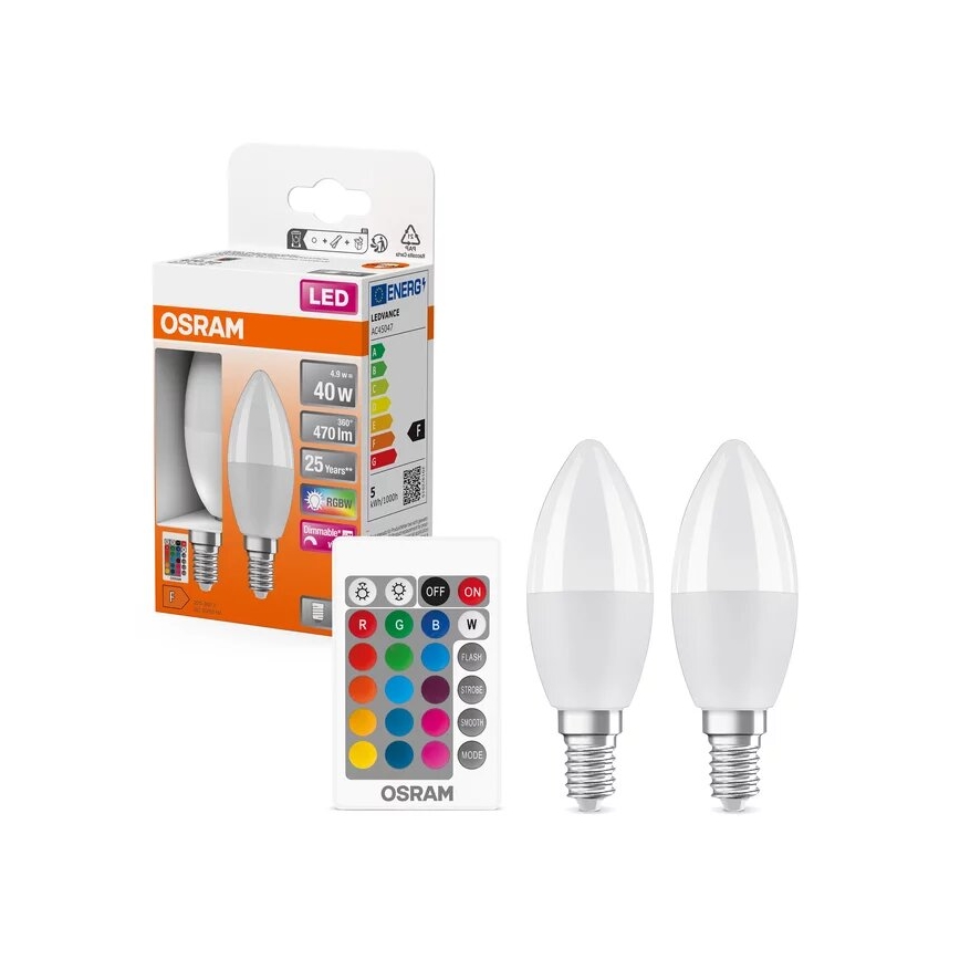 НАБОР 2x Светодиодная RGBW-лампочка с регулированием яркости B38 E14/4,9W/230V 2700K + дистанционное управление - Osram