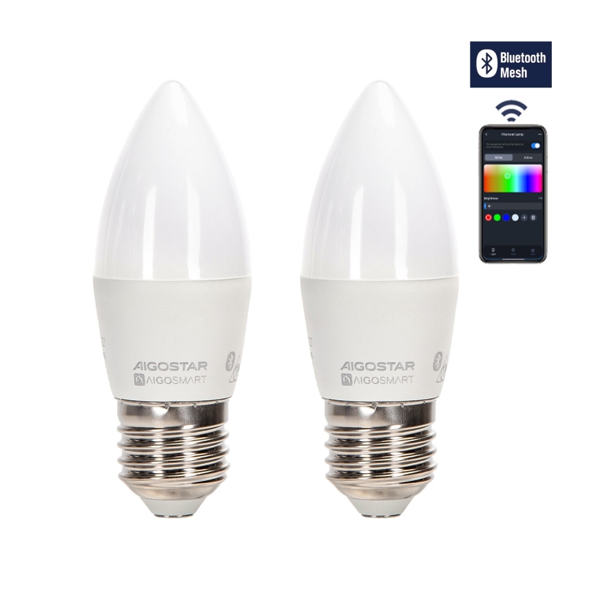 НАБОР 2x Светодиодная RGBW-лампочка с регулированием яркости MESH Smart C37 E27/6,5W/230V 2700-6500K + дистанционное управление - Aigostar