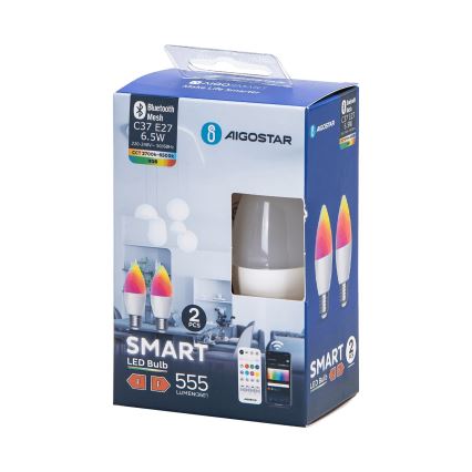 НАБОР 2x Светодиодная RGBW-лампочка с регулированием яркости MESH Smart C37 E27/6,5W/230V 2700-6500K + дистанционное управление - Aigostar