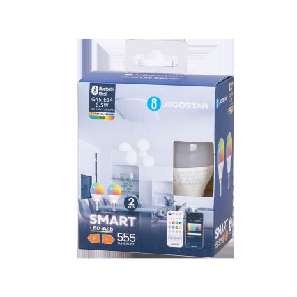 НАБОР 2x Светодиодная RGBW-лампочка с регулированием яркости MESH Smart G45 E14/6,5W/230V 2700-6500K - Aigostar