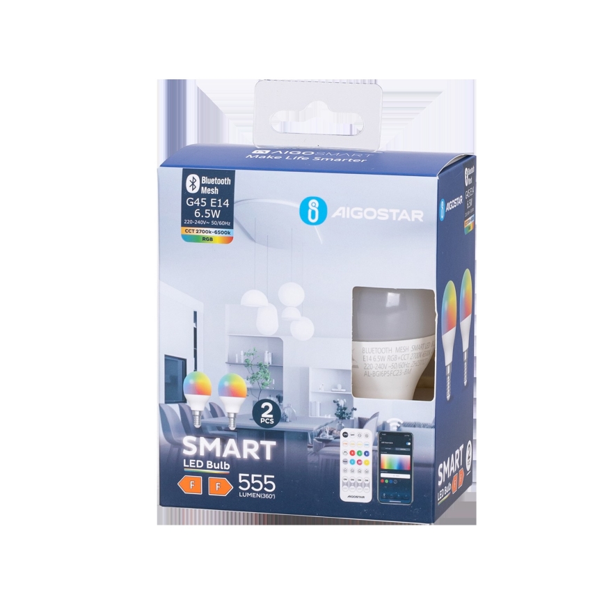 НАБОР 2x Светодиодная RGBW-лампочка с регулированием яркости MESH Smart G45 E14/6,5W/230V 2700-6500K - Aigostar