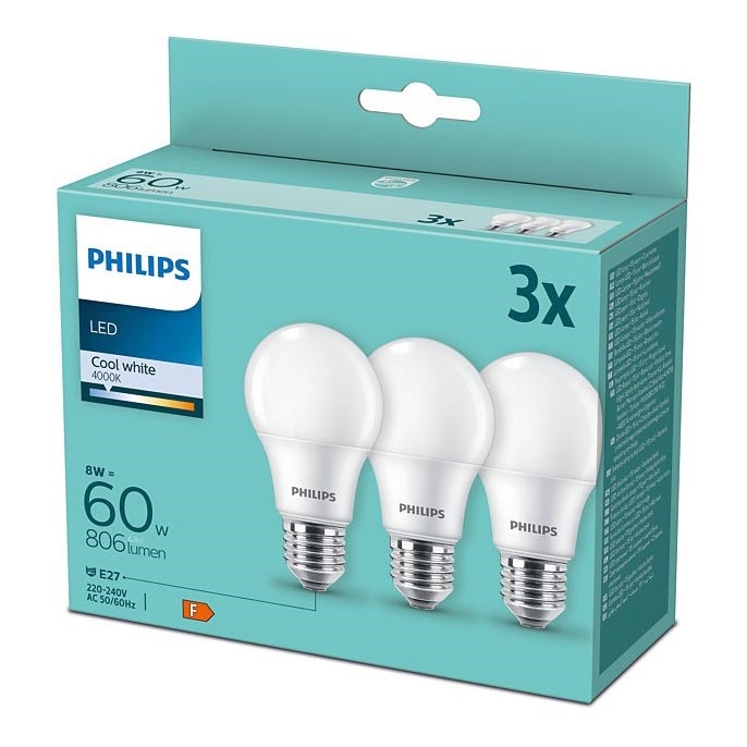 НАБОР 3x Светодиодная лампочка Philips A60 E27/8W/230V 4000K