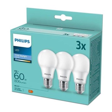 НАБОР 3x Светодиодная лампочка Philips A60 E27/8W/230V 6500K