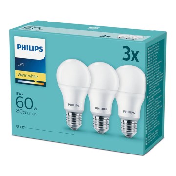 НАБОР 3x Светодиодная лампочка Philips E27/9W/230V 2700K