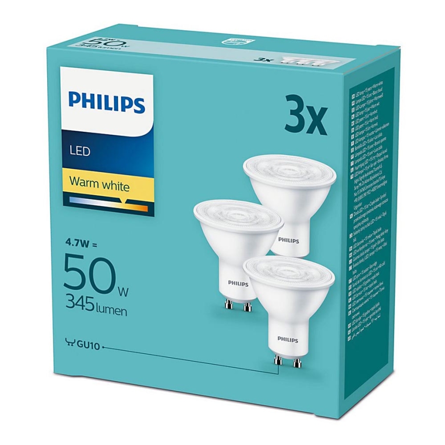 НАБОР 3x Светодиодная лампочка Philips GU10/4,7W/230V 2700K