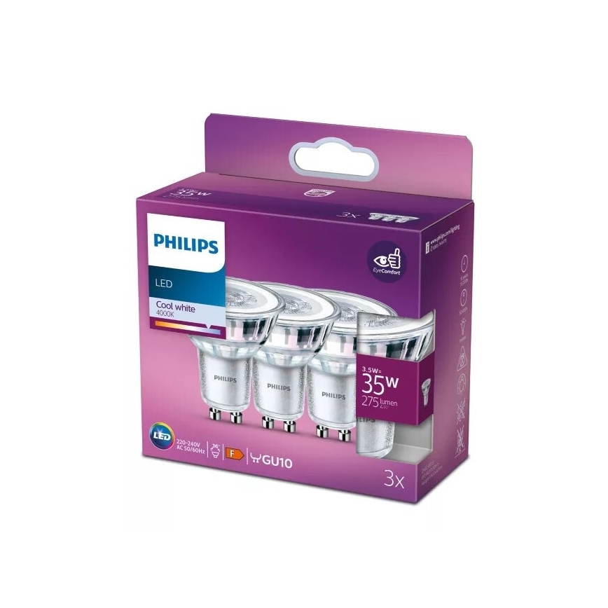 НАБОР 3x Светодиодная лампочка Philips PAR16 GU10/3,5W/230V 4000K