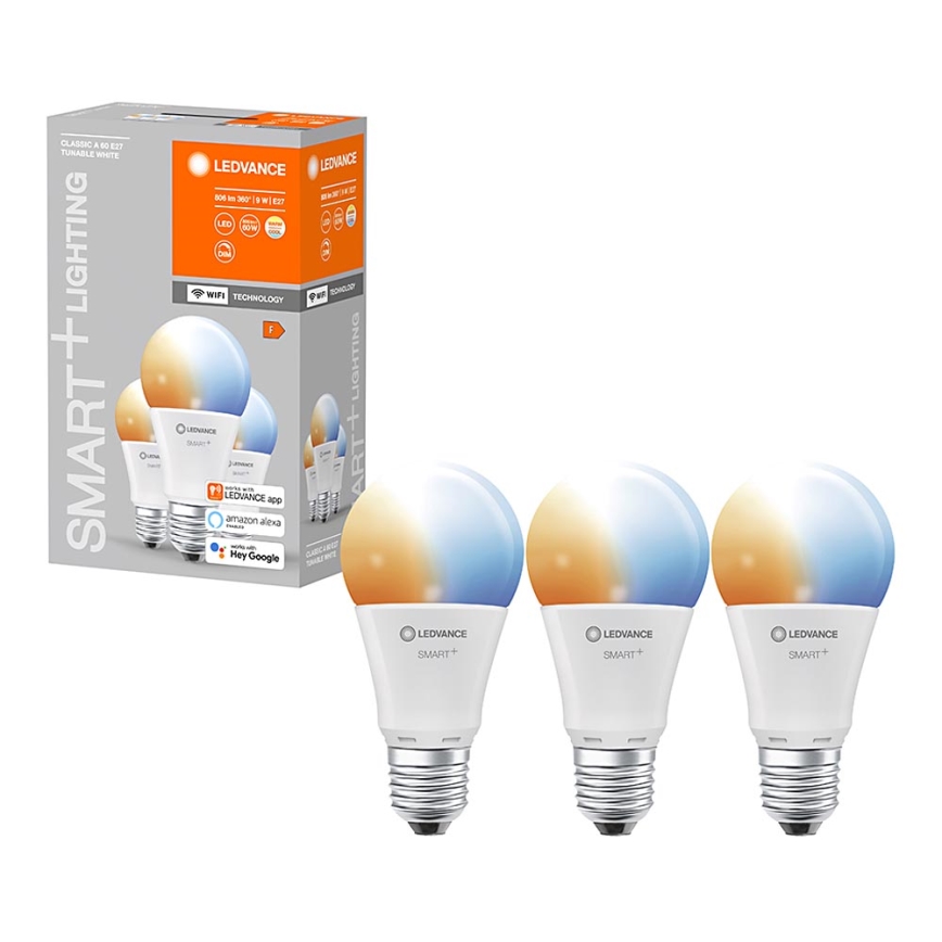 НАБОР 3x Светодиодная лампочка с регулированием яркости SMART+ E27/9W/230V 2700K-6500K Wi-Fi - Ledvance