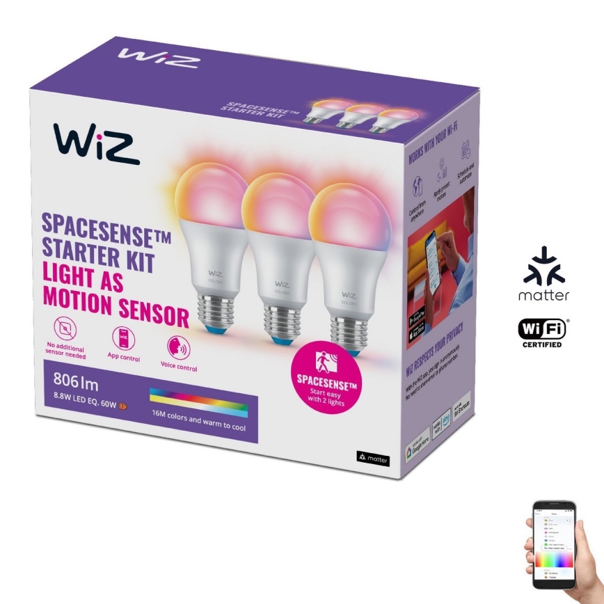 НАБОР 3x Светодиодная RGBW-лампочка с регулированием яркости A60 E27/8,8W/230V 2200-6500K Wi-Fi - WiZ
