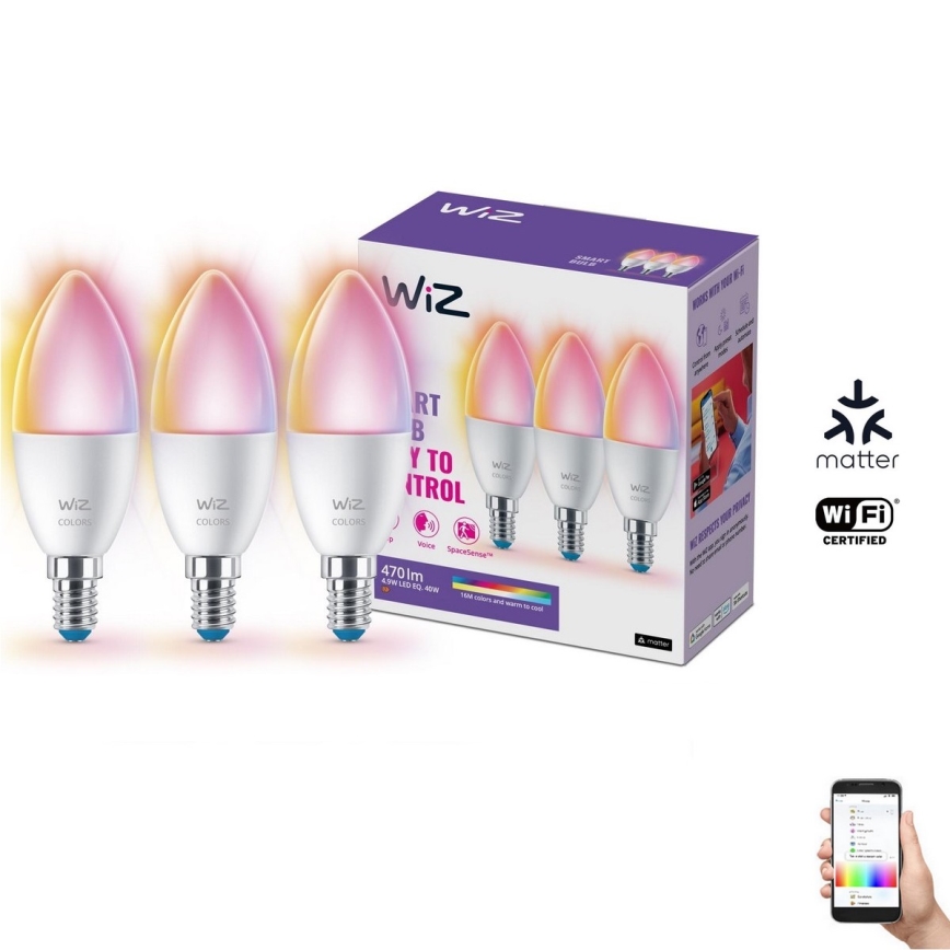 НАБОР 3x Светодиодная RGBW-лампочка с регулированием яркости C37 E14/4,9W/230V 2200-6500K CRI90 Wi-Fi - WiZ